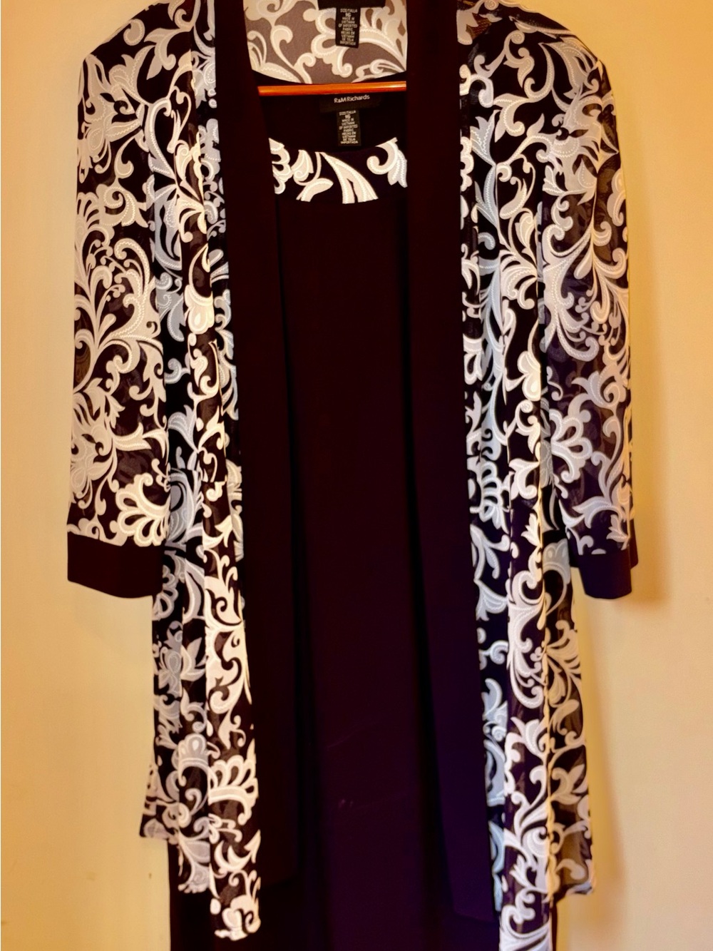 R&M Richards Black and White Open-Front Floral Scroll Cardigan